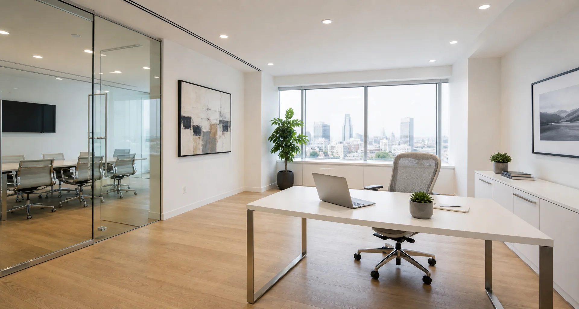 A modern, sunlit commercial office space maintained to the highest standards of cleanliness