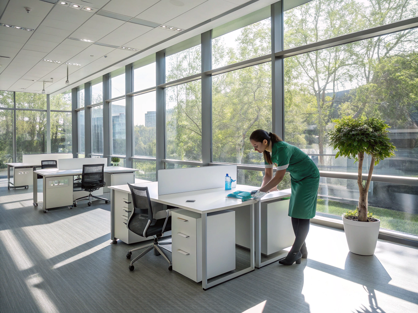 Pristine modern office space with polished surfaces and natural light