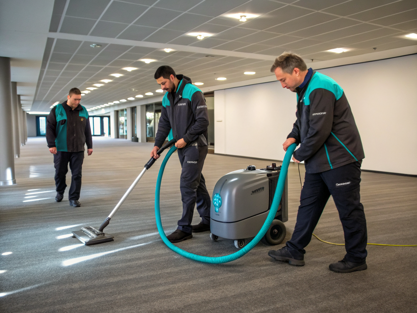 Professional cleaning staff using industrial equipment in a large commercial warehouse space