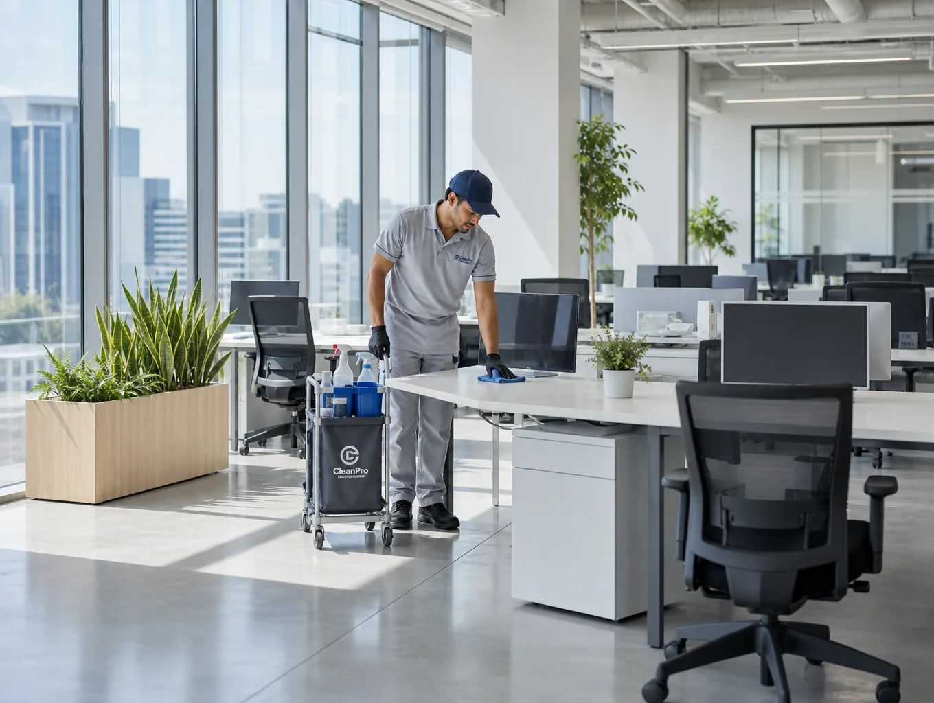 Professional cleaner in uniform sanitizing a modern office desk with eco-friendly supplies