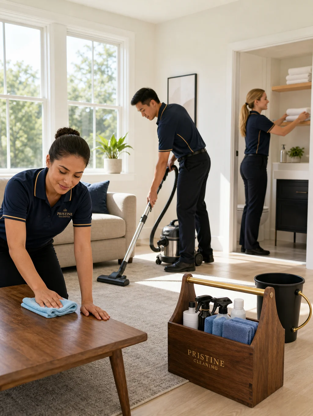 Professional cleaning team working in a modern commercial office space