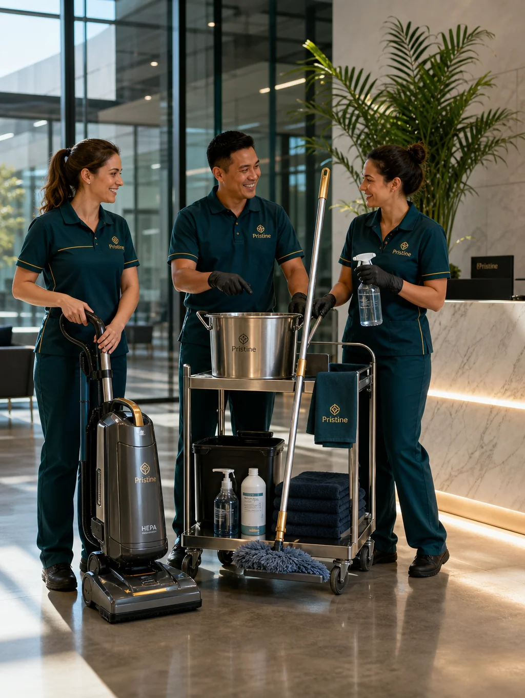 Professional cleaning team sanitizing a modern commercial office space