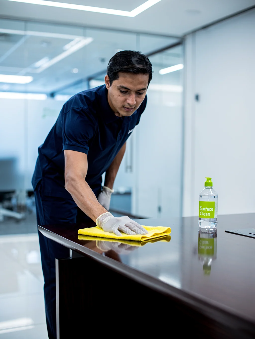 Professional cleaner sanitizing a modern office desk