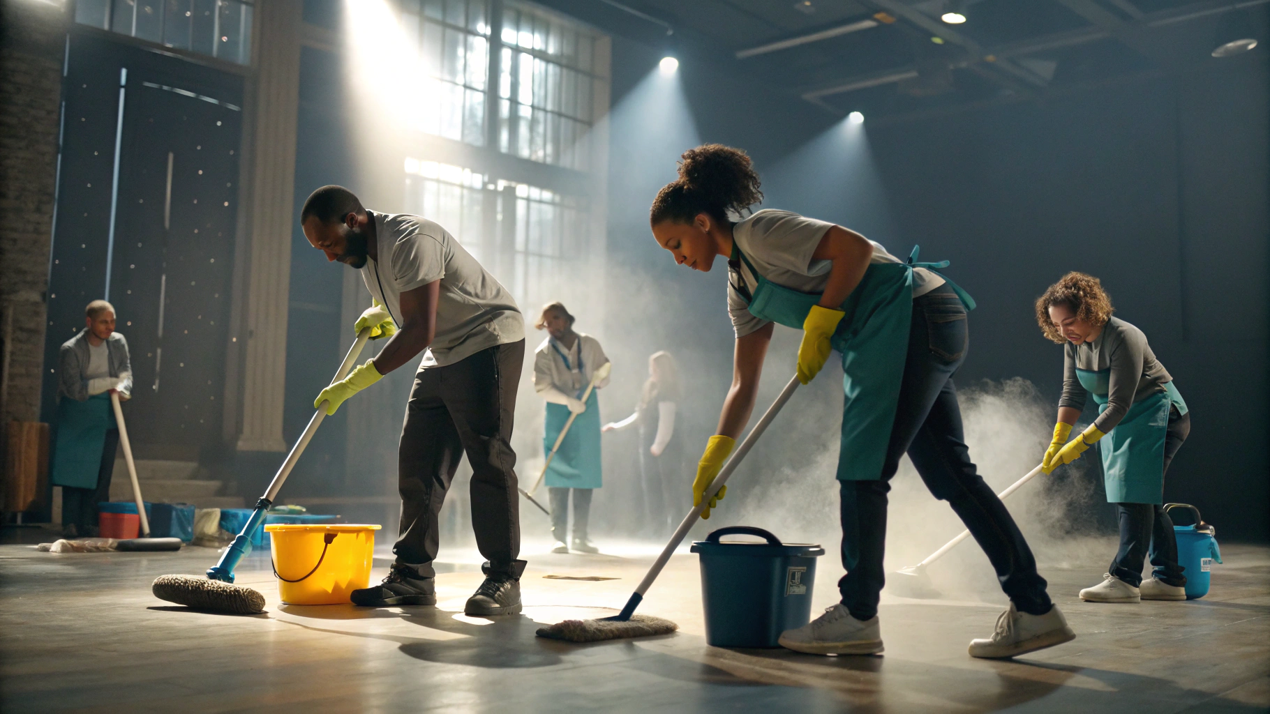 Cleaning team preparing equipment for a shift