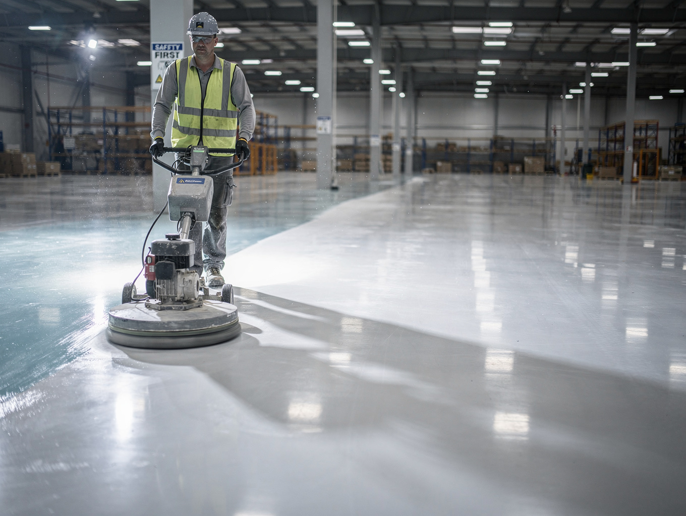 Industrial floor scrubbing in a large warehouse facility