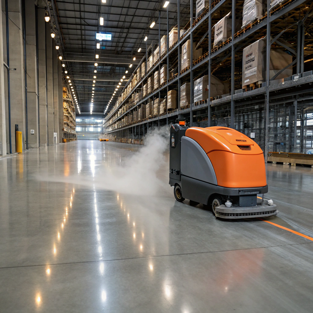 Industrial floor scrubbing machine in a warehouse