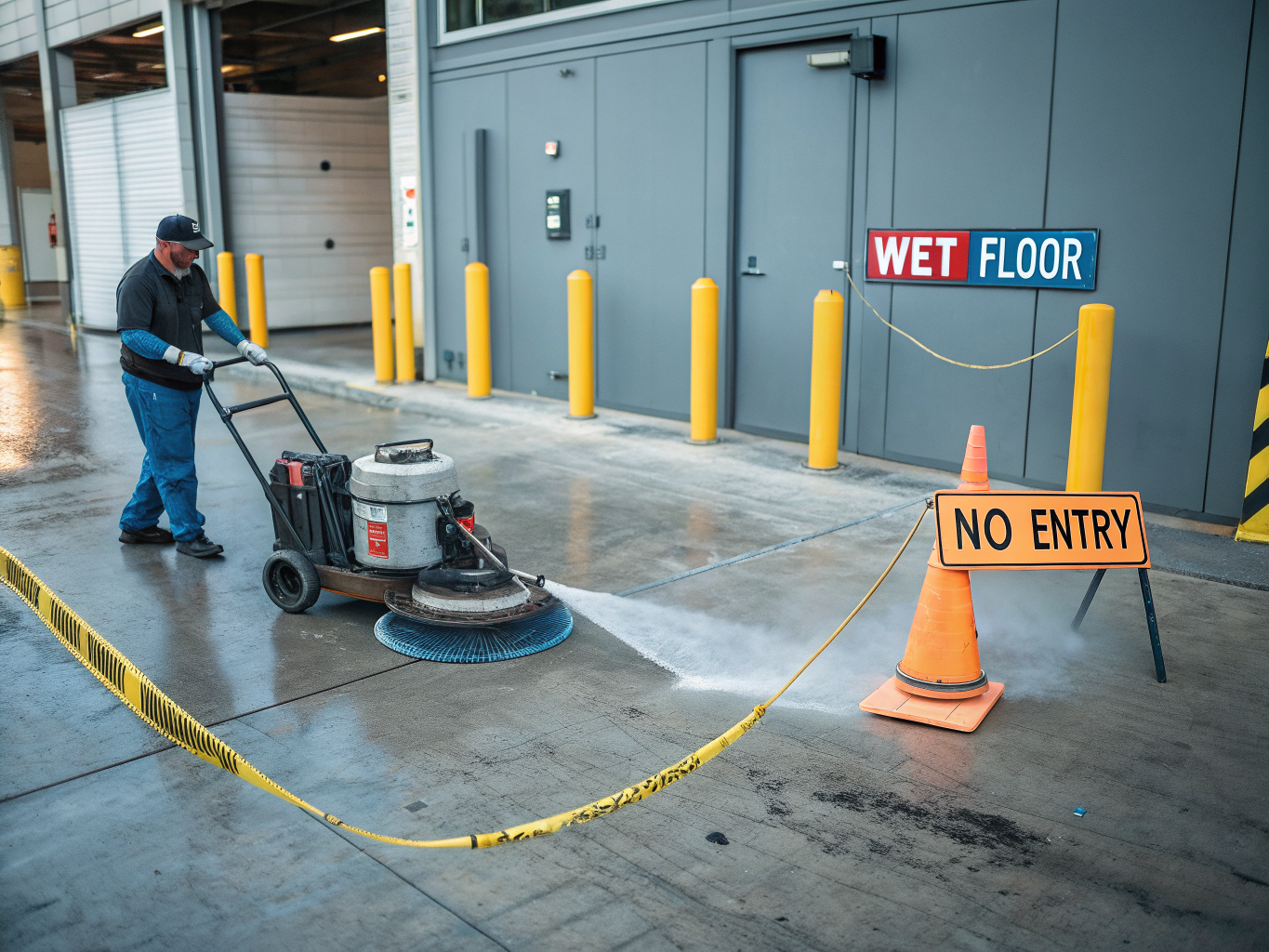 Industrial floor scrubber operating in a warehouse