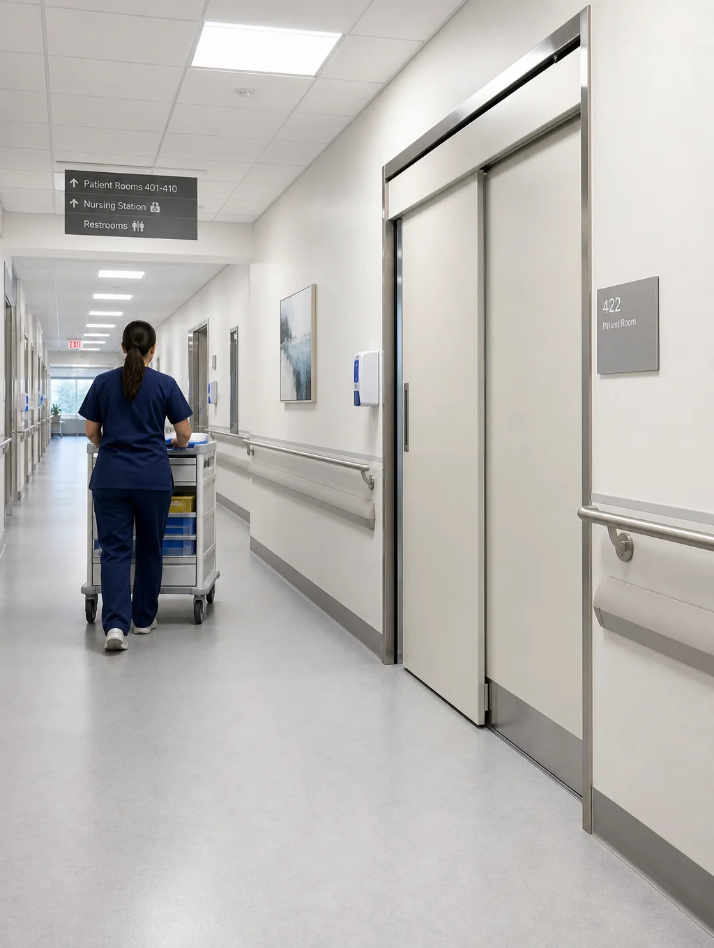 Clean medical facility corridor with sterile surfaces
