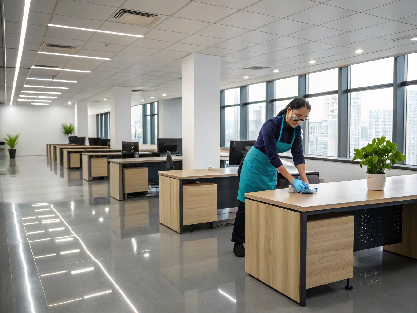 Modern office space with clean workstations and polished floors