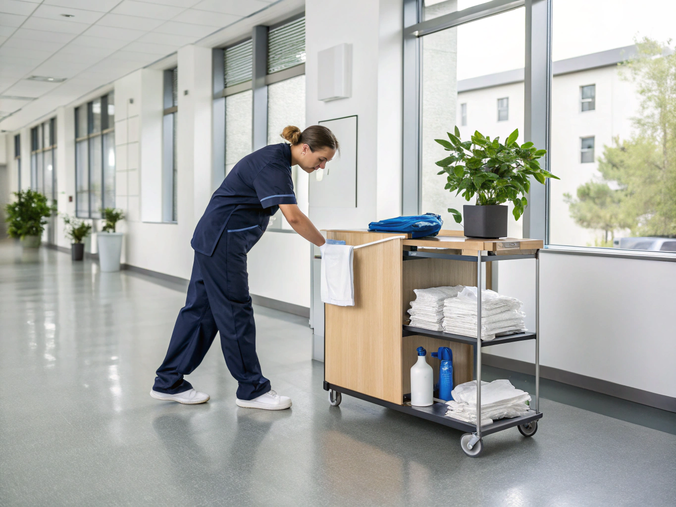 Professional cleaner sanitizing a modern office desk