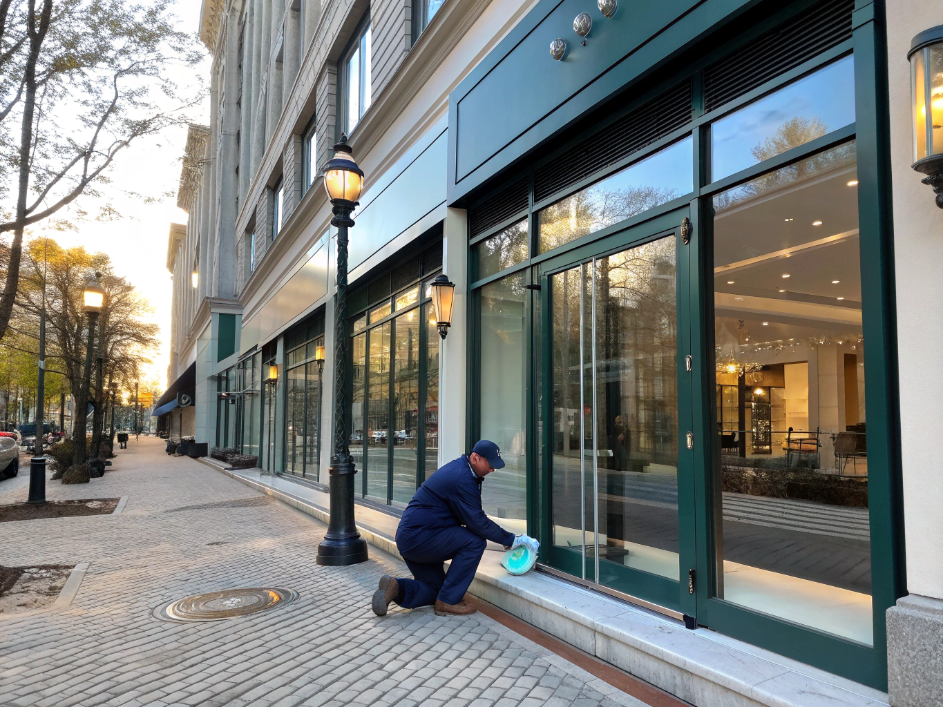 Staff polishing retail store surfaces for a spotless finish