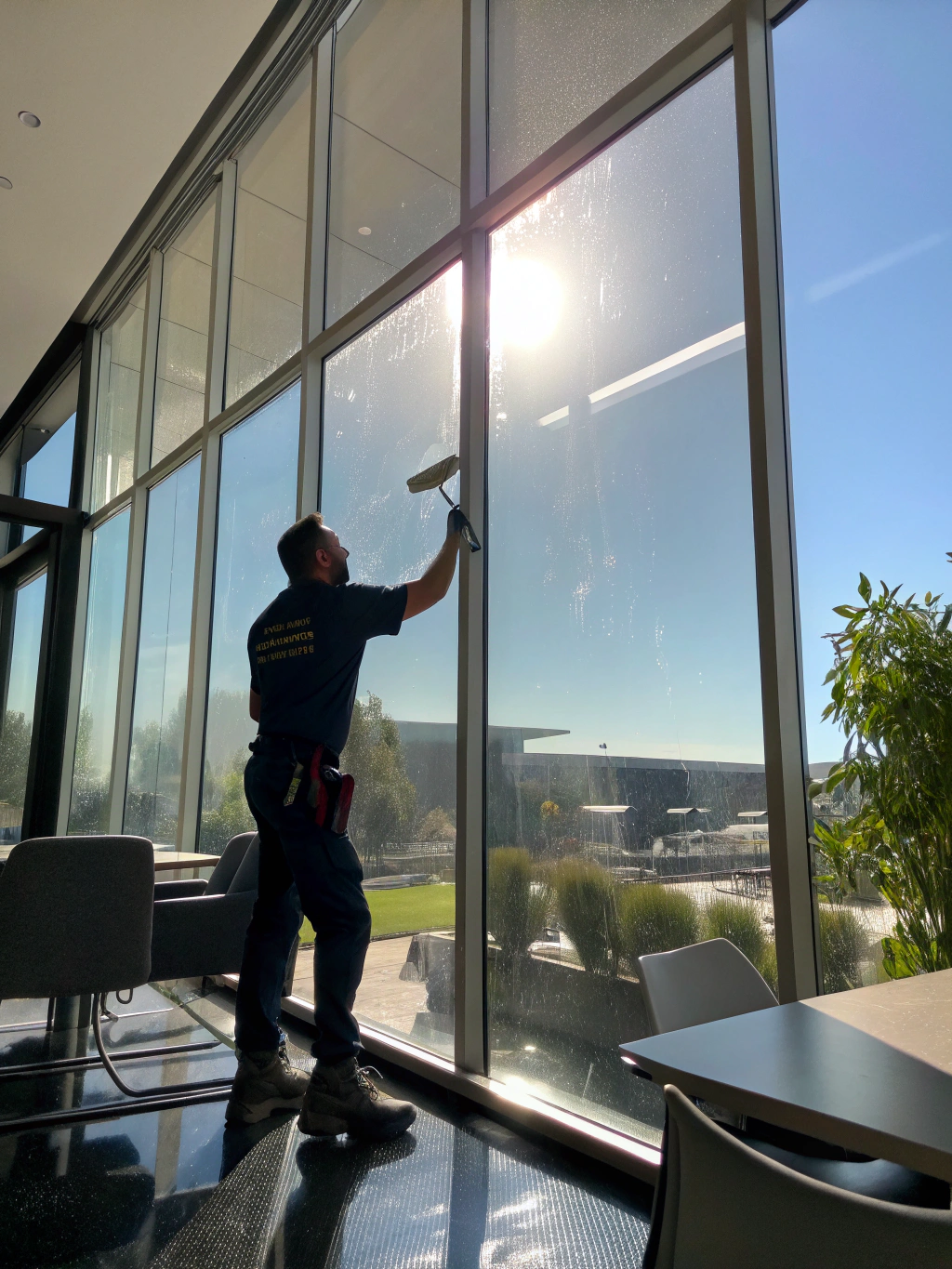 Cleaner polishing large retail storefront windows