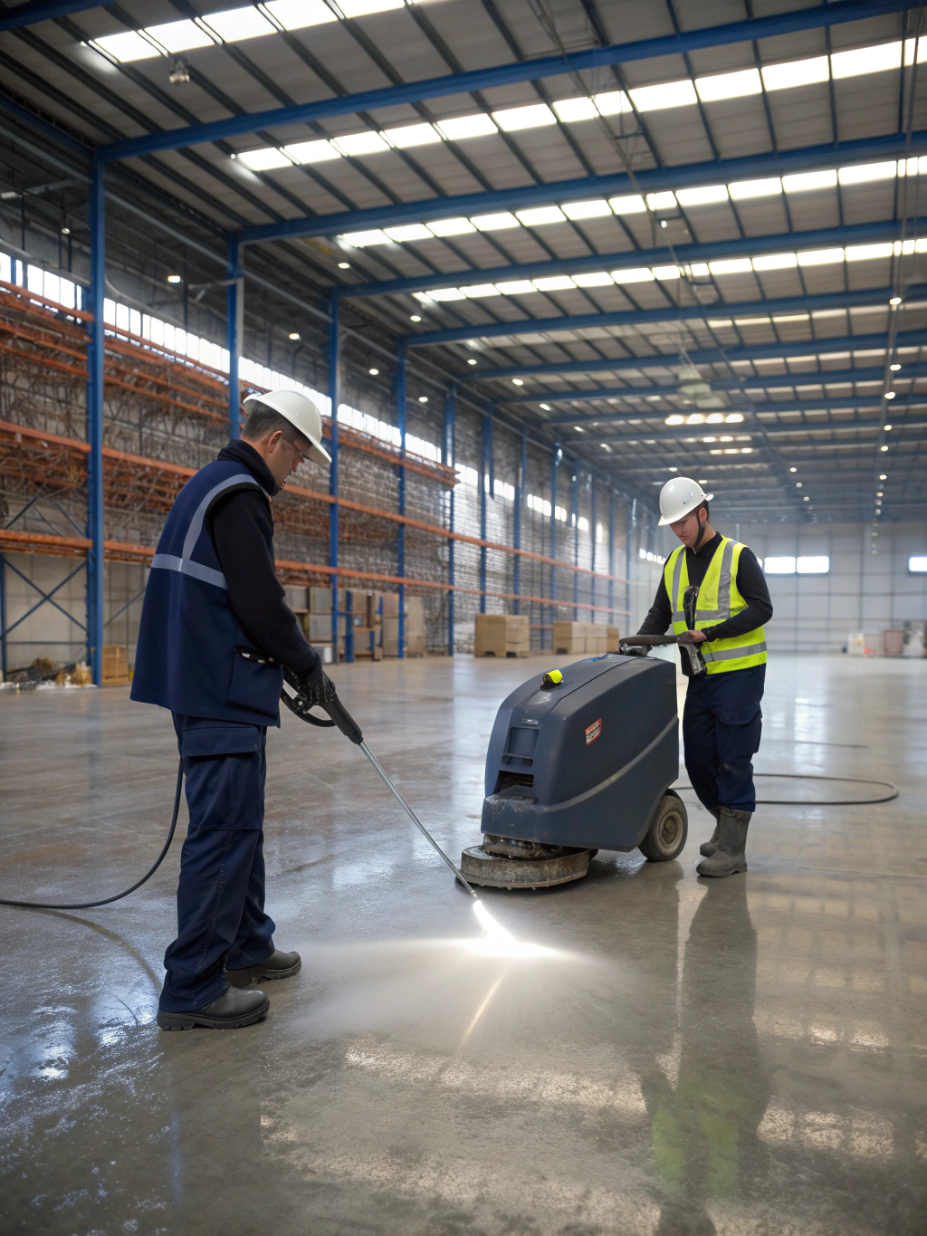 Industrial warehouse floor being cleaned with professional equipment
